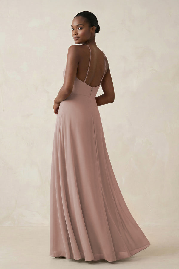 Sheath Halter Chiffon Bridesmaid Dress with Slit in Toffee (2) | KISSBRIDAL