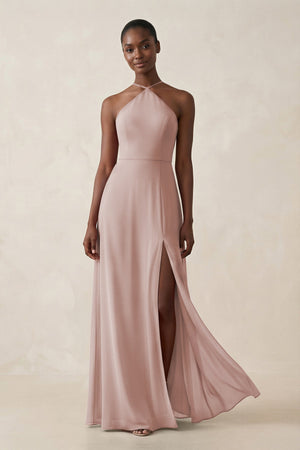 Sheath Halter Chiffon Bridesmaid Dress with Slit in Toffee - SHE IS ME Bridesmaid Dresses