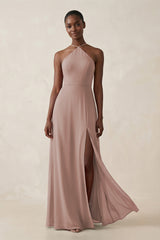 Sheath Halter Chiffon Bridesmaid Dress with Slit in Toffee | KISSBRIDAL