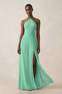 Sheath Halter Chiffon Bridesmaid Dress with Slit in Turquoise - SHE IS ME Bridesmaid Dresses