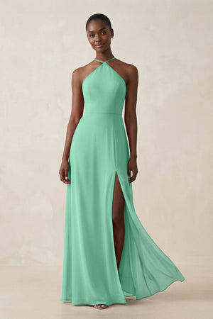 Sheath Halter Chiffon Bridesmaid Dress with Slit in Turquoise - SHE IS ME Bridesmaid Dresses