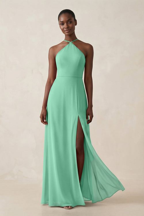 Sheath Halter Chiffon Bridesmaid Dress with Slit in Turquoise - SHE IS ME Bridesmaid Dresses