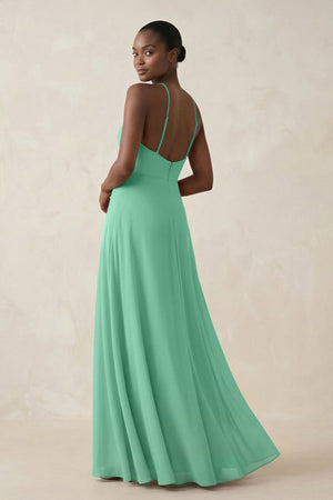 Sheath Halter Chiffon Bridesmaid Dress with Slit in Turquoise - SHE IS ME Bridesmaid Dresses