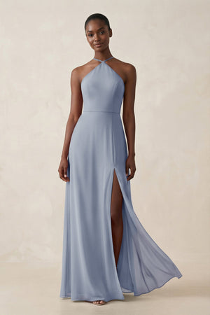 Sheath Halter Chiffon Bridesmaid Dress with Slit in Twilight - SHE IS ME Bridesmaid Dresses