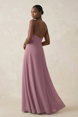 Sheath Halter Chiffon Bridesmaid Dress with Slit in Vintage Mauve (2) | KISSBRIDAL