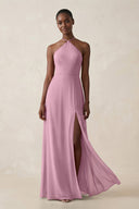 Sheath Halter Chiffon Bridesmaid Dress with Slit in Vintage Mauve - SHE IS ME Bridesmaid Dresses