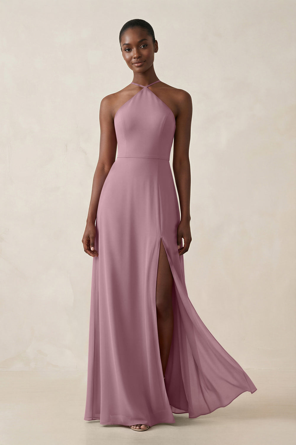 Sheath Halter Chiffon Bridesmaid Dress with Slit in Vintage Mauve