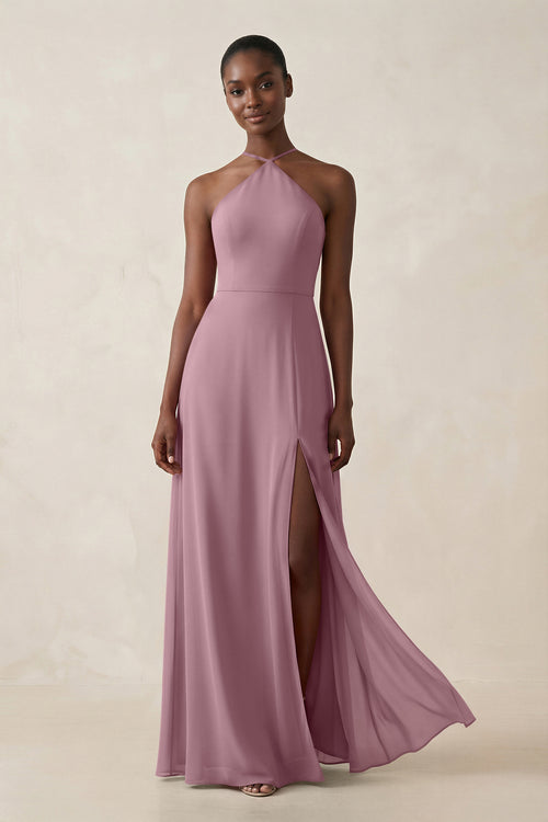 Sheath Halter Chiffon Bridesmaid Dress with Slit in Vintage Mauve | KISSBRIDAL