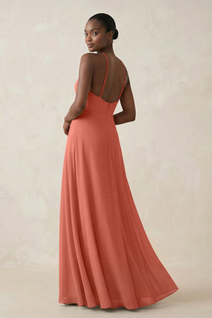 Sheath Halter Chiffon Bridesmaid Dress with Slit in Wild Rose - SHE IS ME Bridesmaid Dresses