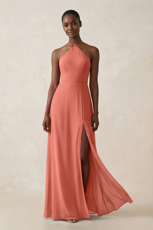 Sheath Halter Chiffon Bridesmaid Dress with Slit in Wild Rose - SHE IS ME Bridesmaid Dresses