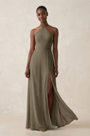 Sheath Halter Chiffon Bridesmaid Dress with Slit in Willow Green - SHE IS ME Bridesmaid Dresses