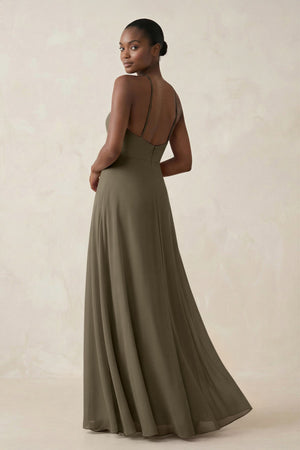 Sheath Halter Chiffon Bridesmaid Dress with Slit in Willow Green - SHE IS ME Bridesmaid Dresses
