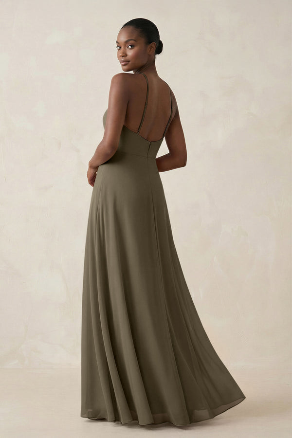 Sheath Halter Chiffon Bridesmaid Dress with Slit in Willow Green - SHE IS ME Bridesmaid Dresses