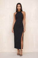 Sheath Halter Satin Midi Dress With Slit in Black– SHE IS ME Dresses