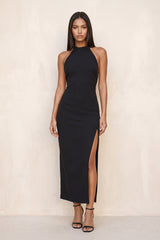 Sheath Halter Satin Midi Dress With Slit in Black– KISS BRIDAL Dresses