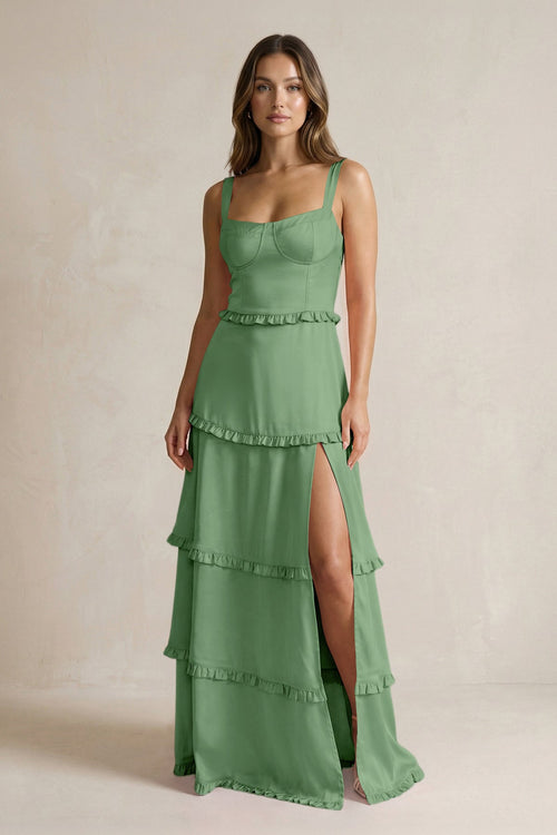 Tiered Ruffled A - Line Bridesmaid Dress With Slit in Matcha - KISS BRIDAL Bridesmaid Dresses