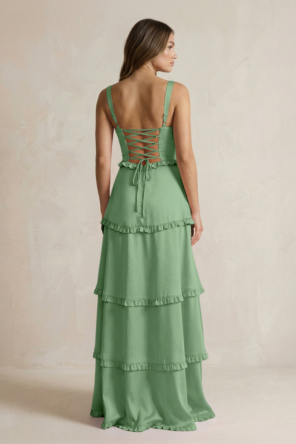 Tiered Ruffled A - Line Bridesmaid Dress With Slit in Matcha - KISS BRIDAL Bridesmaid Dresses