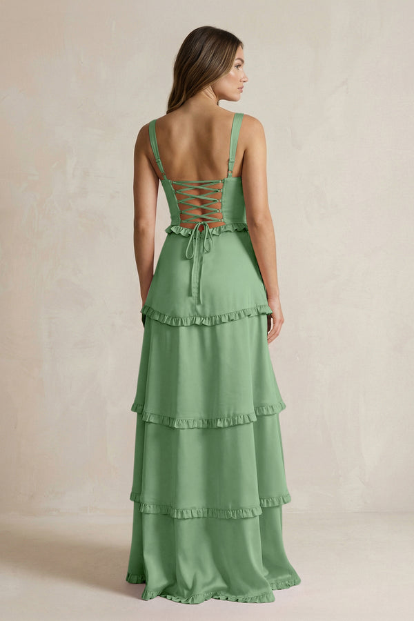 Tiered Ruffled A - Line Bridesmaid Dress With Slit in Matcha - KISS BRIDAL Bridesmaid Dresses