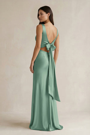 V - neck Sheath Satin Bridesmaid Dress With Back Bow in Mint Green - KISS BRIDAL Bridesmaid Dresses