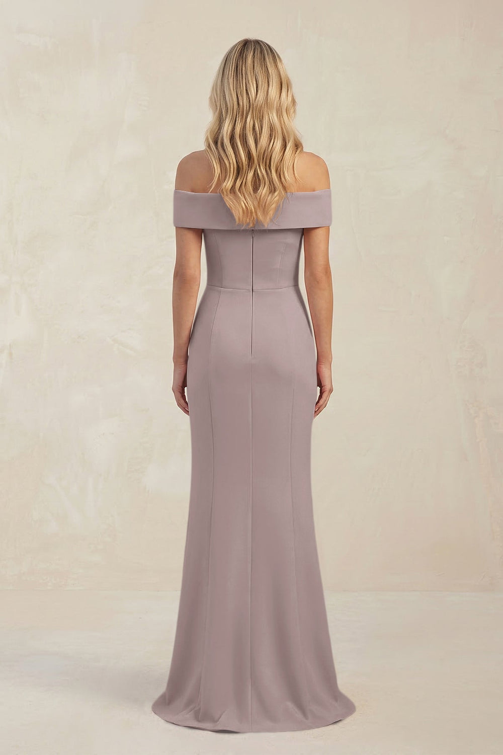 Sheath Off - the - Shoulder Satin Bridesmaid Dress With Slit in Almond - KISS BRIDAL Bridesmaid Dresses