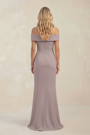 Sheath Off - the - Shoulder Satin Bridesmaid Dress With Slit in Almond - KISS BRIDAL Bridesmaid Dresses