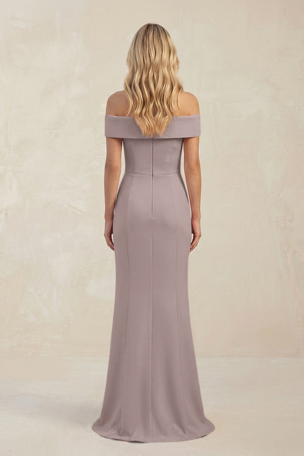 Sheath Off - the - Shoulder Satin Bridesmaid Dress With Slit in Almond - KISS BRIDAL Bridesmaid Dresses
