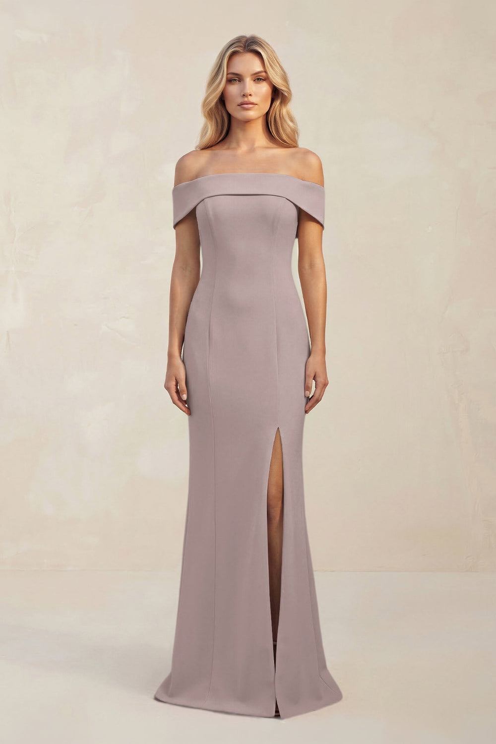 Sheath Off - the - Shoulder Satin Bridesmaid Dress With Slit in Almond - KISS BRIDAL Bridesmaid Dresses