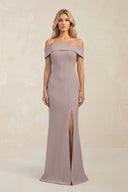 Sheath Off - the - Shoulder Satin Bridesmaid Dress With Slit in Almond - KISS BRIDAL Bridesmaid Dresses