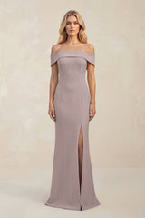 Sheath Off - the - Shoulder Satin Bridesmaid Dress With Slit in Almond - KISS BRIDAL Bridesmaid Dresses