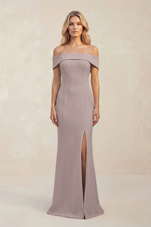 Sheath Off - the - Shoulder Satin Bridesmaid Dress With Slit in Almond - KISS BRIDAL Bridesmaid Dresses
