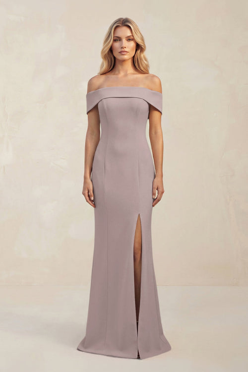 Sheath Off - the - Shoulder Satin Bridesmaid Dress With Slit in Almond - KISS BRIDAL Bridesmaid Dresses