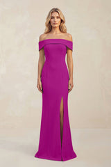 Sheath Off - the - Shoulder Satin Bridesmaid Dress With Slit in Amethyst - KISS BRIDAL Bridesmaid Dresses