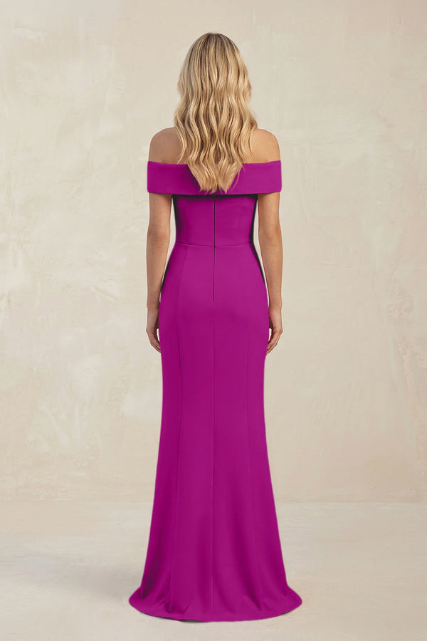 Sheath Off - the - Shoulder Satin Bridesmaid Dress With Slit in Amethyst - KISS BRIDAL Bridesmaid Dresses