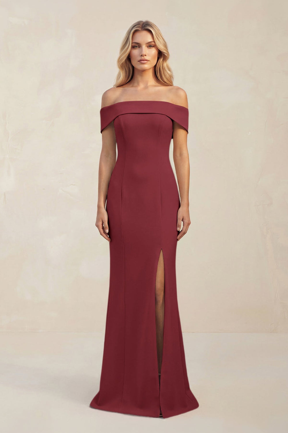 Sheath Off - the - Shoulder Satin Bridesmaid Dress With Slit in Berry - KISS BRIDAL Bridesmaid Dresses