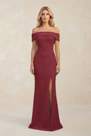Sheath Off - the - Shoulder Satin Bridesmaid Dress With Slit in Berry - KISS BRIDAL Bridesmaid Dresses