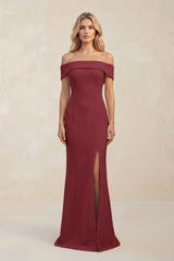 Sheath Off - the - Shoulder Satin Bridesmaid Dress With Slit in Berry - KISS BRIDAL Bridesmaid Dresses
