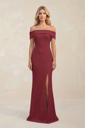 Sheath Off - the - Shoulder Satin Bridesmaid Dress With Slit in Berry - KISS BRIDAL Bridesmaid Dresses