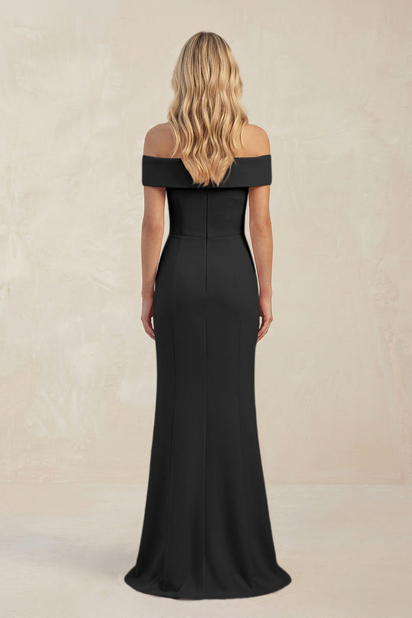 Sheath Off - the - Shoulder Satin Bridesmaid Dress With Slit in Black - KISS BRIDAL Bridesmaid Dresses