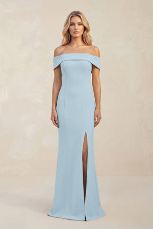Sheath Off - the - Shoulder Satin Bridesmaid Dress With Slit in Bleached Aqua - KISS BRIDAL Bridesmaid Dresses