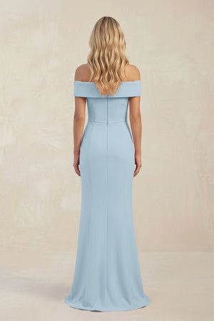 Sheath Off - the - Shoulder Satin Bridesmaid Dress With Slit in Bleached Aqua - KISS BRIDAL Bridesmaid Dresses