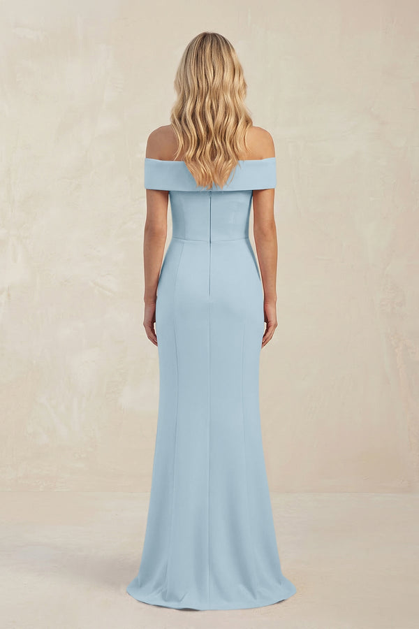 Sheath Off - the - Shoulder Satin Bridesmaid Dress With Slit in Bleached Aqua - KISS BRIDAL Bridesmaid Dresses