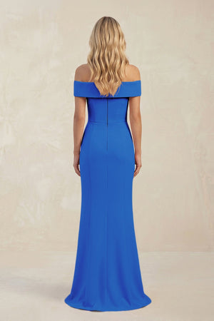 Sheath Off - the - Shoulder Satin Bridesmaid Dress With Slit in Blue Jay - KISS BRIDAL Bridesmaid Dresses