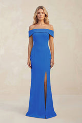 Sheath Off - the - Shoulder Satin Bridesmaid Dress With Slit in Blue Jay - KISS BRIDAL Bridesmaid Dresses
