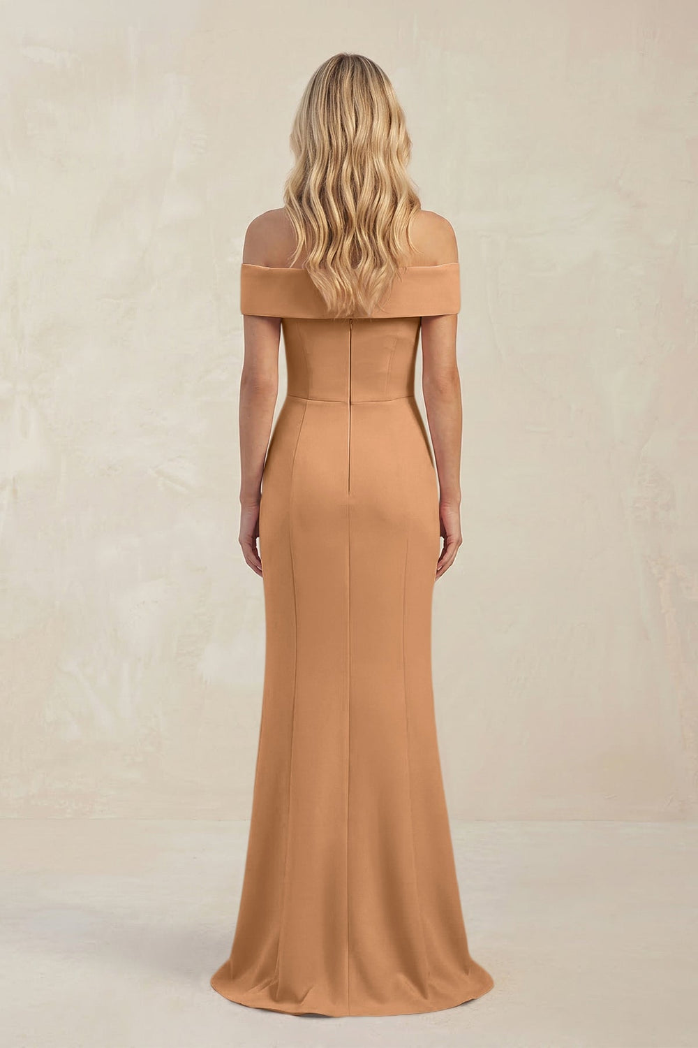 Sheath Off - the - Shoulder Satin Bridesmaid Dress With Slit in Bronzer - KISS BRIDAL Bridesmaid Dresses
