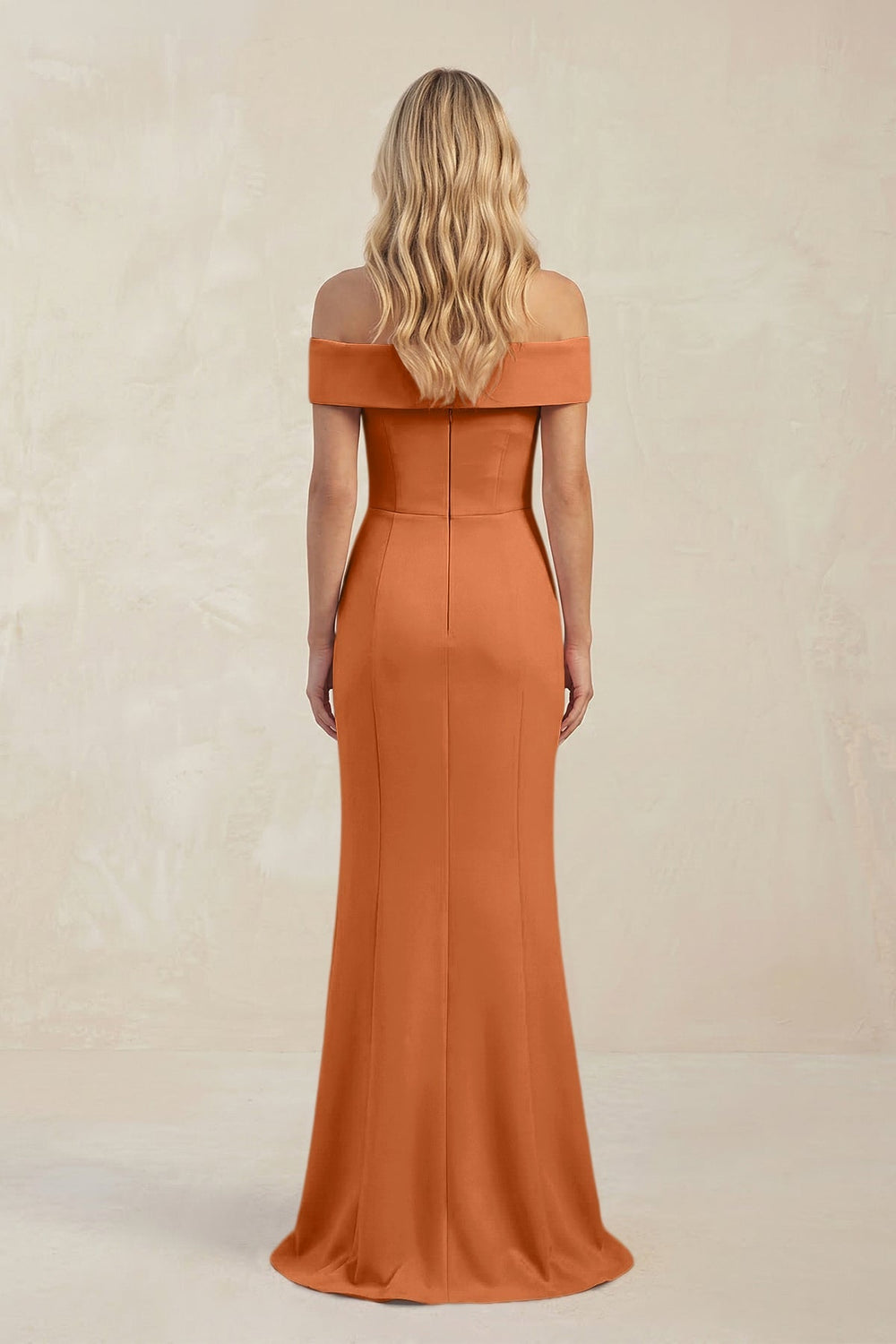 Sheath Off - the - Shoulder Satin Bridesmaid Dress With Slit in Brown - KISS BRIDAL Bridesmaid Dresses