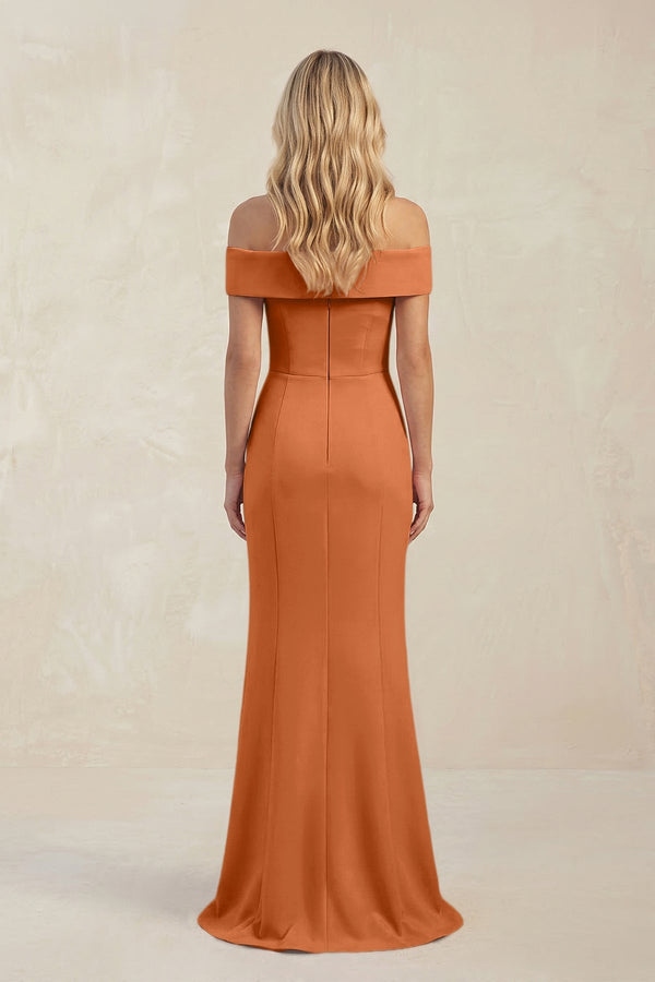 Sheath Off - the - Shoulder Satin Bridesmaid Dress With Slit in Brown - KISS BRIDAL Bridesmaid Dresses
