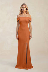 Sheath Off - the - Shoulder Satin Bridesmaid Dress With Slit in Brown - KISS BRIDAL Bridesmaid Dresses