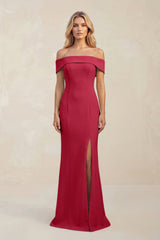 Sheath Off - the - Shoulder Satin Bridesmaid Dress With Slit in Burgundy - KISS BRIDAL Bridesmaid Dresses