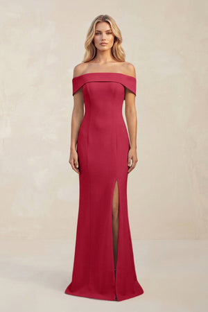 Sheath Off - the - Shoulder Satin Bridesmaid Dress With Slit in Burgundy - KISS BRIDAL Bridesmaid Dresses