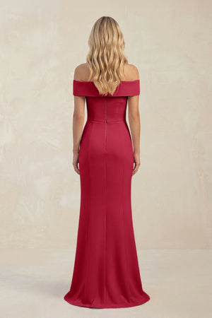 Sheath Off - the - Shoulder Satin Bridesmaid Dress With Slit in Burgundy - KISS BRIDAL Bridesmaid Dresses